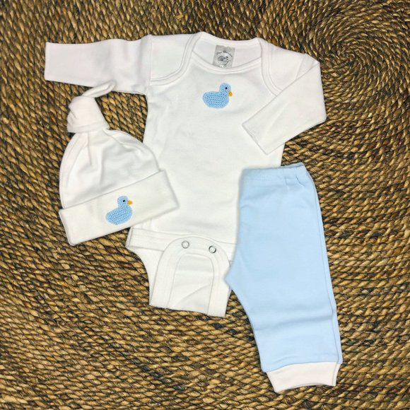 NWT 3Pc Set Newborn 6-11lbs TinyBundles Duck Hat Bodysuit Pants Blue Baby Boy - Picture 2 of 4